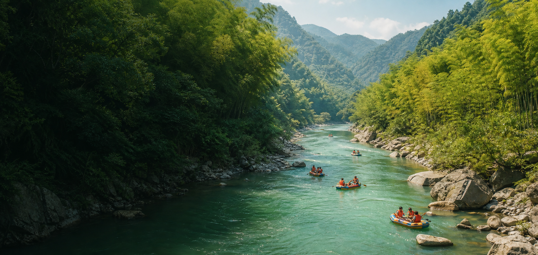 楠溪江漂流溪谷和竹林河道背景
